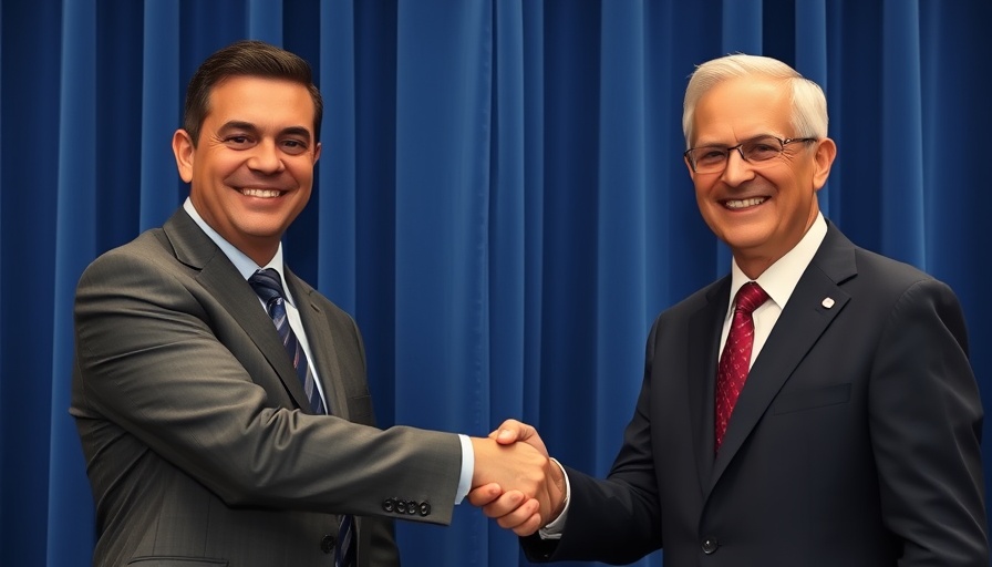 Two men in suits shaking hands in front of a blue curtain.