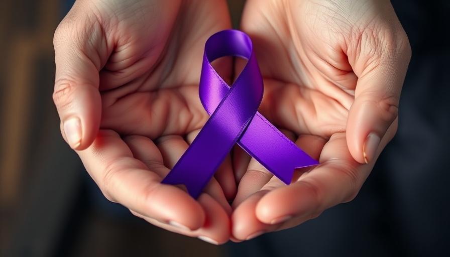 Purple ribbon for Alzheimer’s awareness month in gentle hands