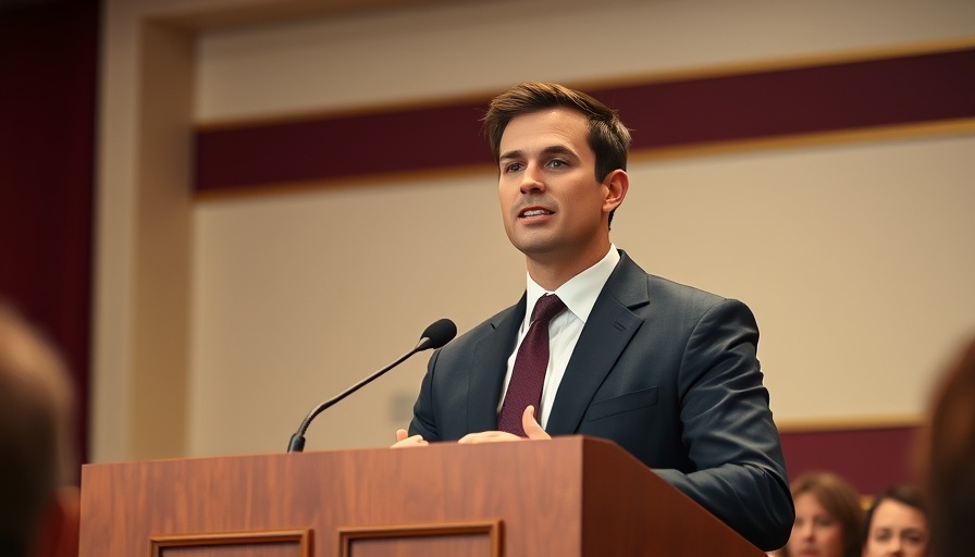 Charismatic speaker in a suit addressing an audience, removing colonial-era relics.