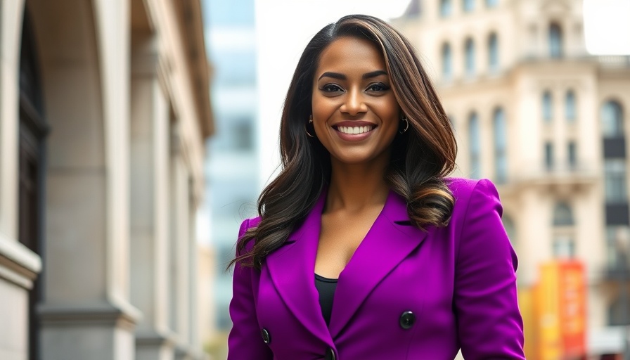 Confident woman in purple blazer smiling outdoors, representing Gun Violence Awareness Month Bronx.
