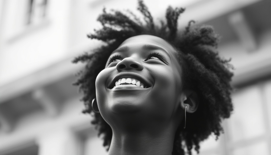 Vintage photo of smiling person with afro looking upwards.