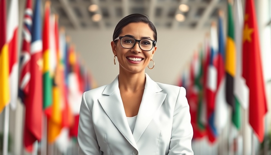 Smiling woman in formal attire with international flags.