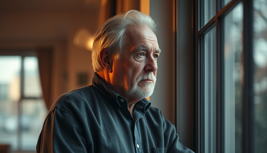Pensive elderly man reflecting on grief, leaning against a window.