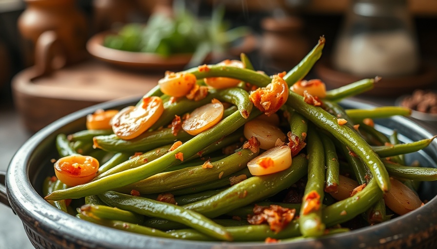 String Beans With Salted Pigtails dish in a pan, colorful and appetizing.