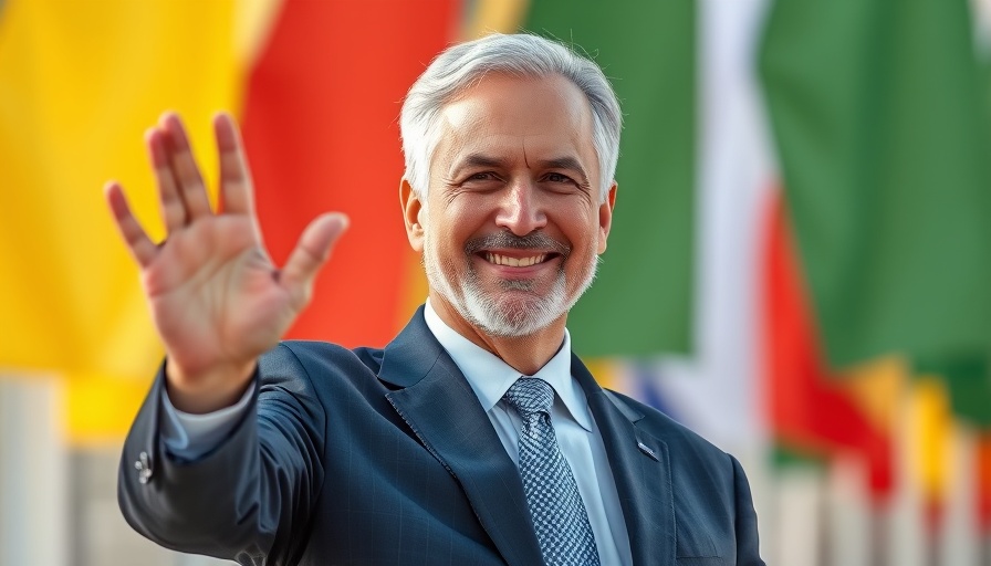 Man in suit smiling and waving at a formal event.