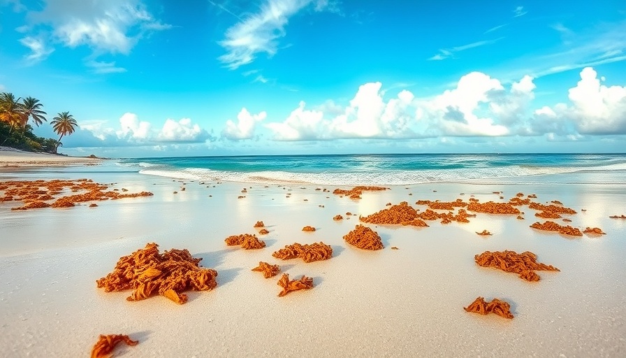 Caribbean beach with sargassum seaweed and gentle waves, Sargassum Seaweed Crisis Caribbean.