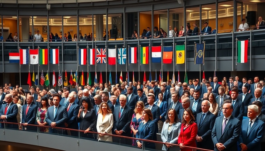 IMF financing model discussion at conference with global flags.