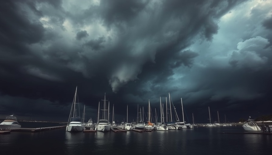 Fort Myers Beach marina during a dramatic summer storm, boats under dark clouds.
