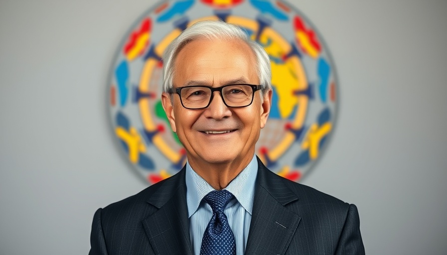 Professional man against colorful emblem, building resilient inclusive economies in the Americas.