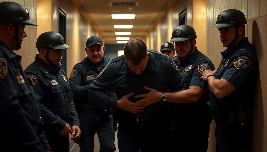 Trump Immigration Policy Impact: Officers detaining an individual in a hallway.