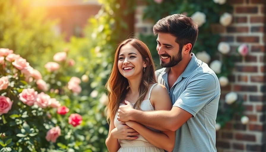 Young couple embracing cheerfully in a sunlit garden with roses.