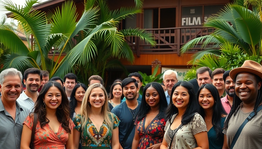 Diverse group at a Caribbean film co-productions event, smiling outside.