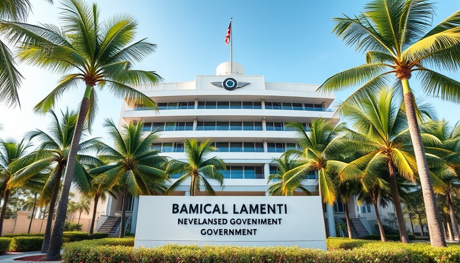 Cayman Islands Government Administration building with sign and palm trees.