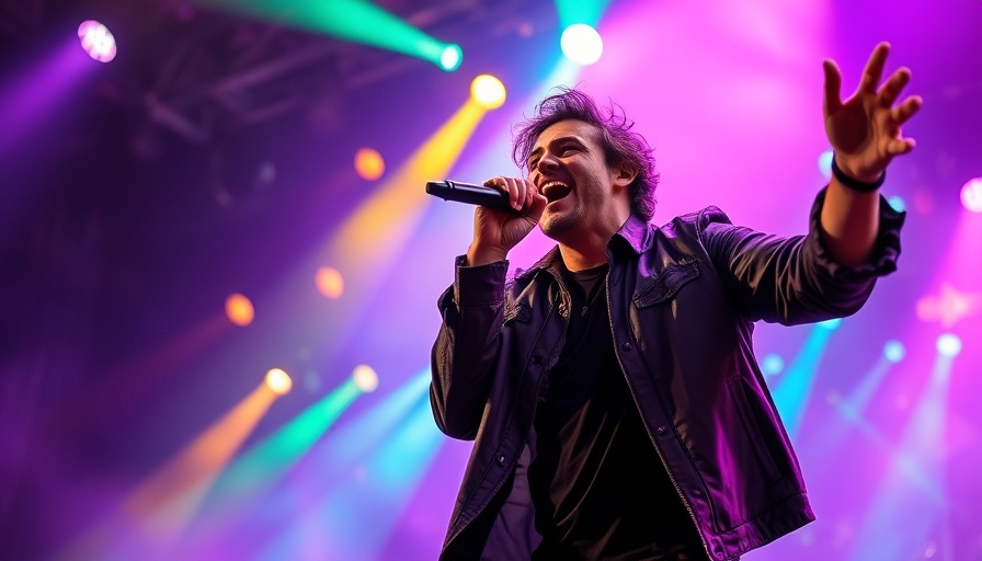 Energetic performer singing on stage with purple fog and lights.