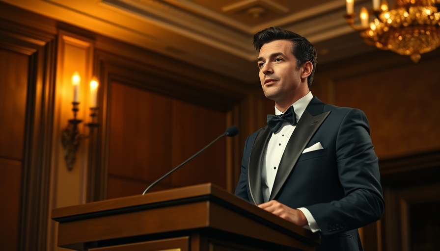 Man in tuxedo giving a speech at podium, soft lighting.