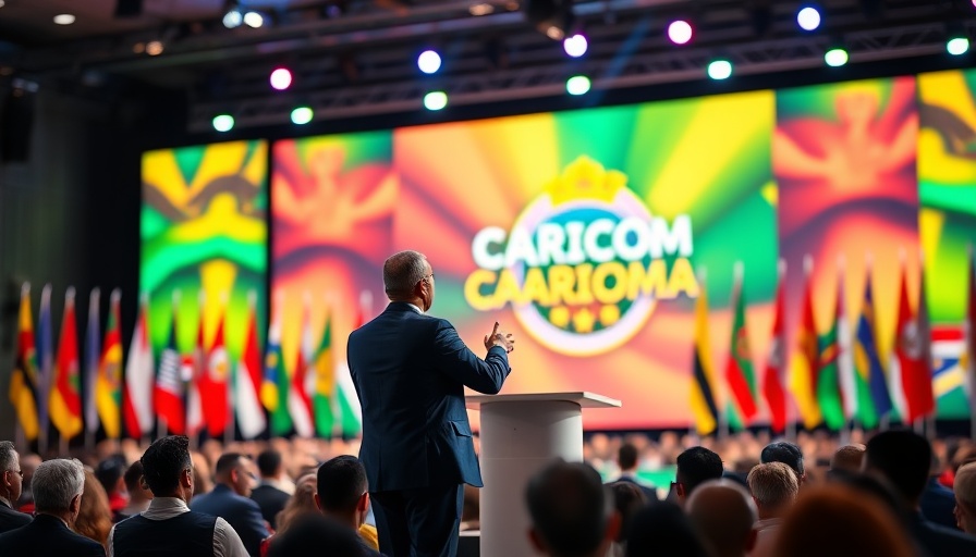 Speaker at CARICOM event with flags and audience, discussing strategic approach.