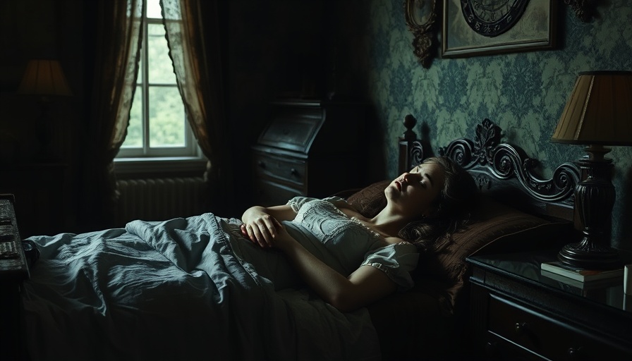 Somber vintage bedroom with woman lying in repose, dim lighting.