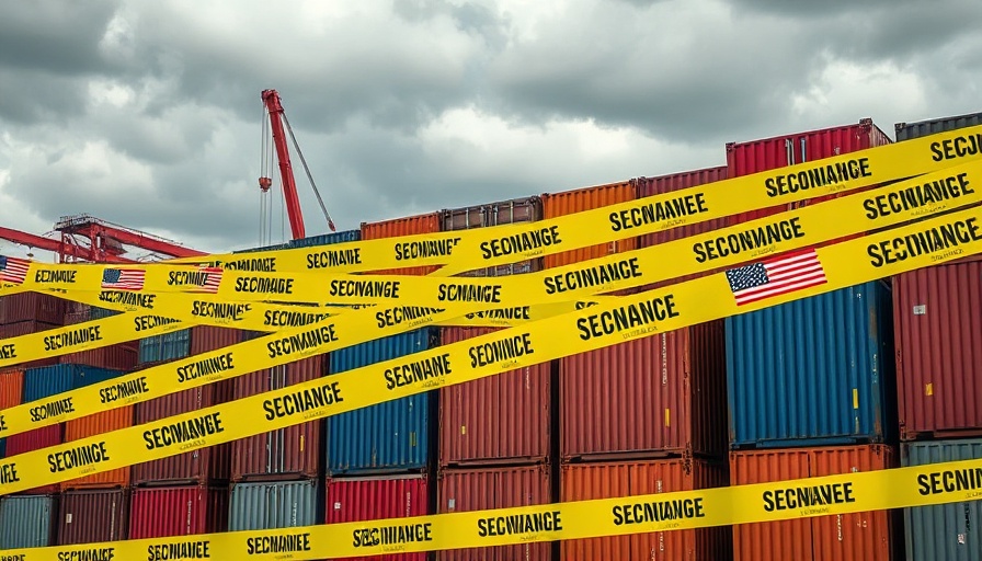 Stacked shipping containers blocked by yellow tariff tape with US flags.