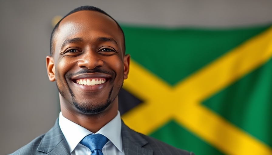 Smiling man in suit with Jamaican flag, Jamaica reparations initiative.