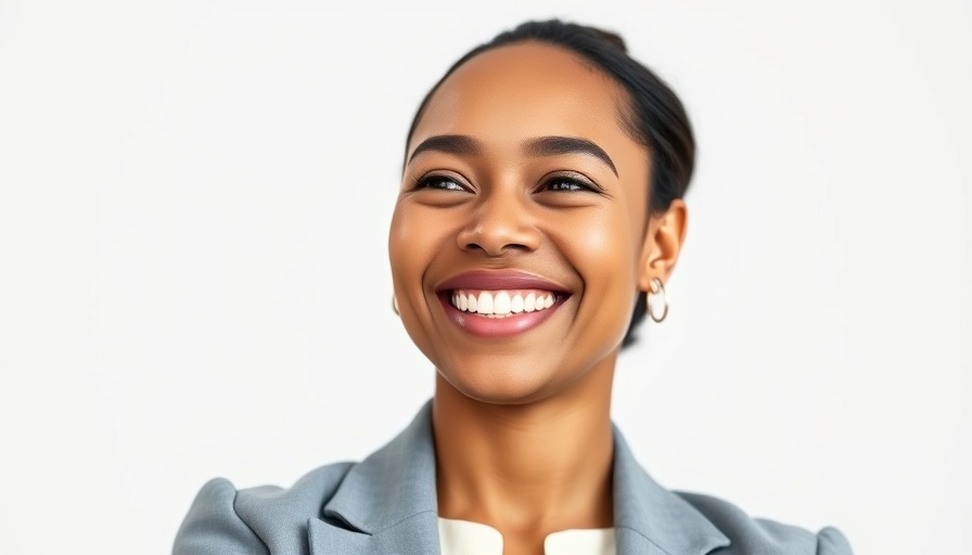 Confident woman embodying leadership, smiling warmly in professional attire.
