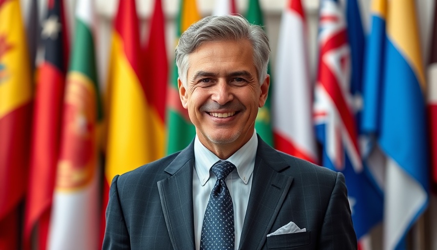 Smiling man against international flags during an election observation mission.