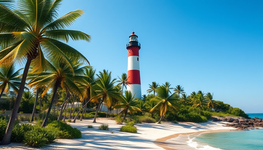 Sanibel Island Lighthouse on a sunny shore with palm trees.