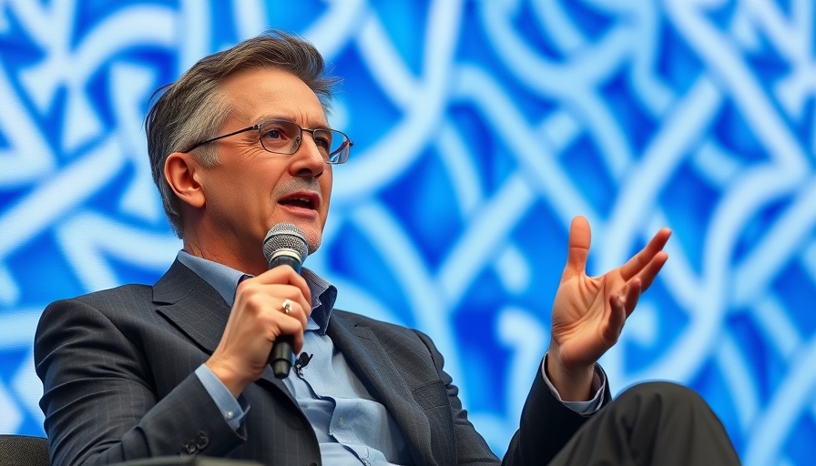 Professional man speaking on stage with microphone and abstract background.