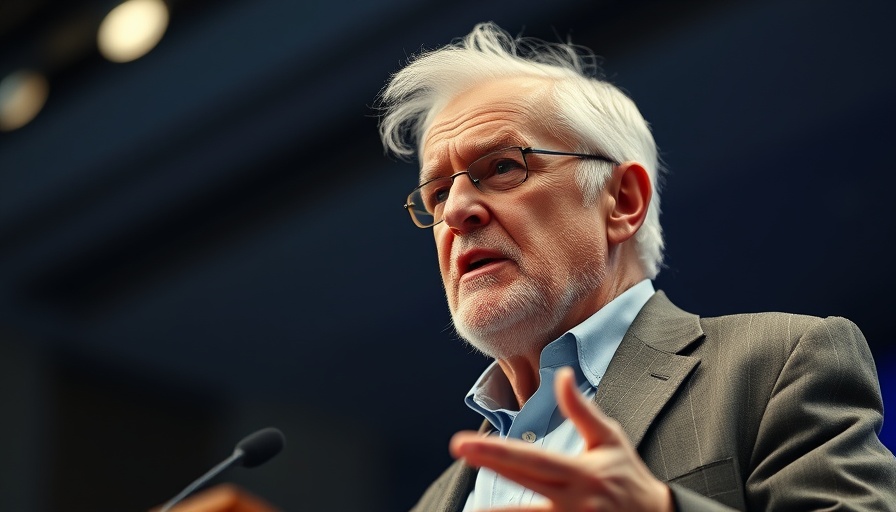 Elderly man speaking seriously at podium, mistrusting government.