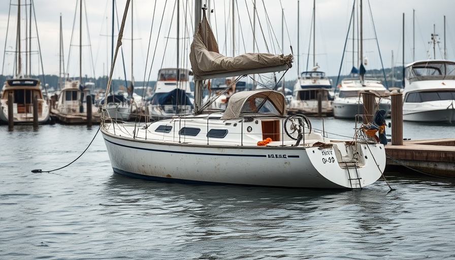 Storm impact on boating communities showing damaged sailboat in marina.