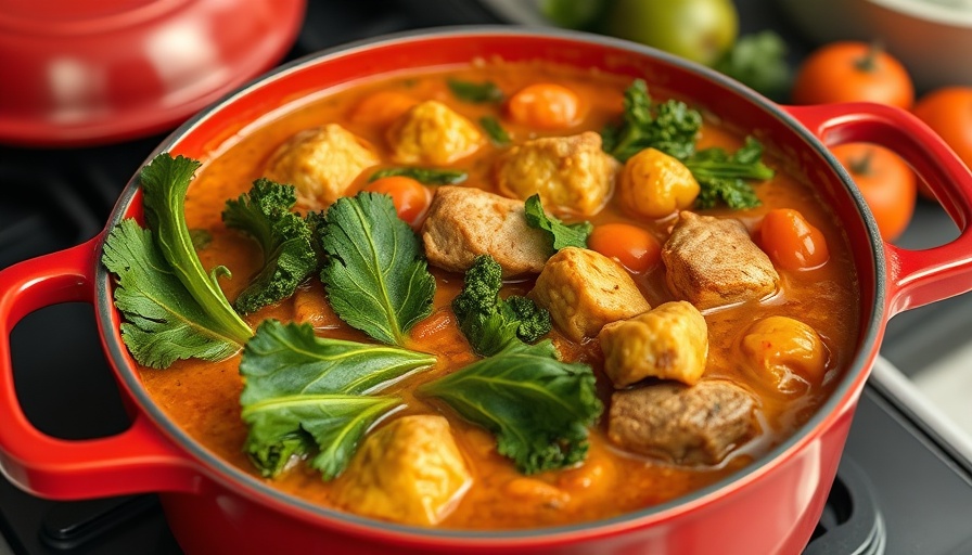 Curry Stew Pork with Kale and cherry tomatoes in a red pot.