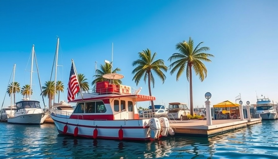 Slipaway Food Truck Park and Marina with docked boat under clear sky.