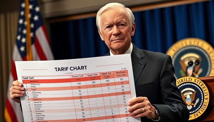 Trump discusses 15% tariff on Guyana, holding large chart, American flag background.