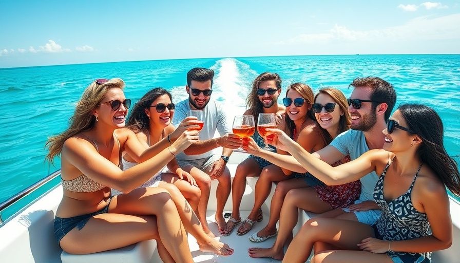 Group enjoying new boat celebration with a toast on turquoise waters.