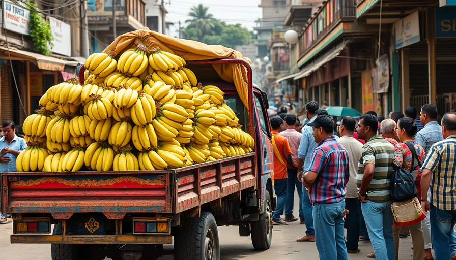 Truck loaded with bananas being inspected in a town.