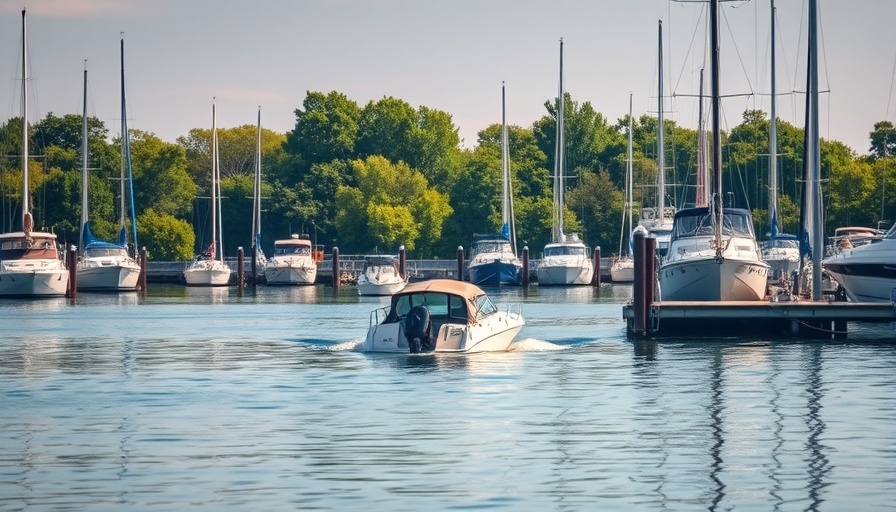 Motorboat backing away from boating dock in scenic marina.