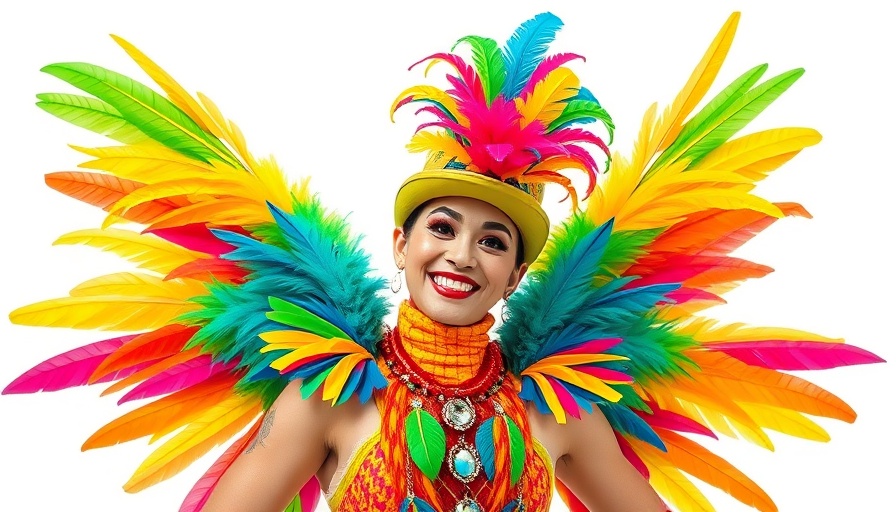 Nomads Carnival Brooklyn performer in vibrant costume with feathers.