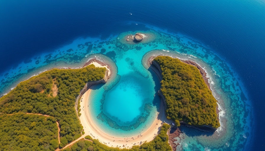 Vibrant aerial view of tropical coastline with blue hole, highlighting best Caribbean islands to visit in October.