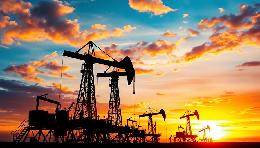 Oil rigs silhouette framed by Guyana flag, signifying energy and investment.