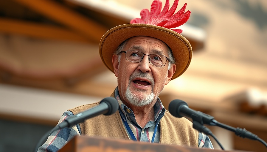 Speaker with a rooster hat at podium discussing international alliance.