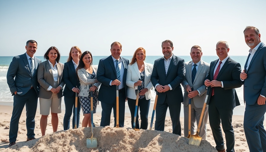 Business professionals in a Caribbean beach groundbreaking ceremony.