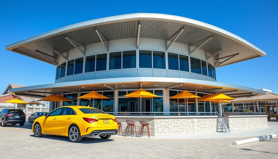 Modern Fort Myers Beach bar with cars and vivid skyline