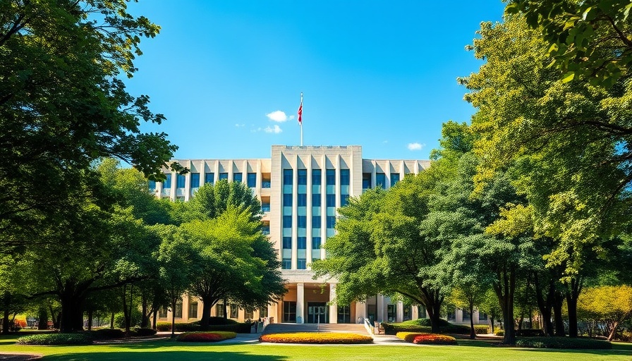 Modern government building with lush greenery, symbolizing Instant Payments System Barbados.