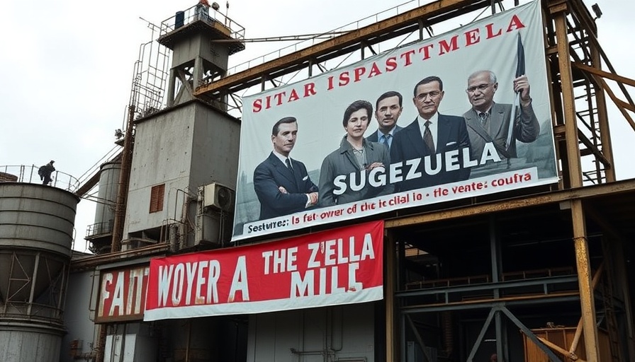 Venezuela state-owned sugar mill with industrial metal structures and banner.
