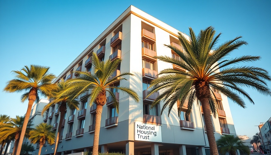 National Housing Trust building with palm trees on a sunny day.
