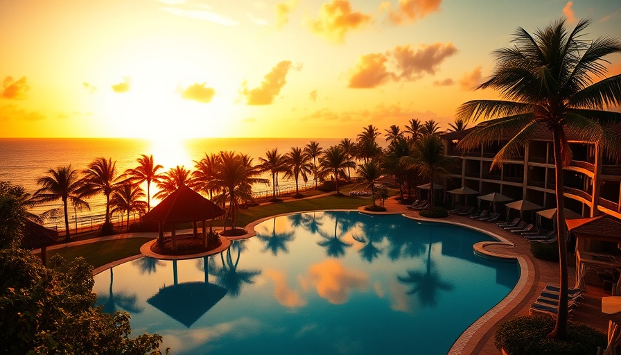 Sunset view of best Sandals resorts with pools and palm trees.