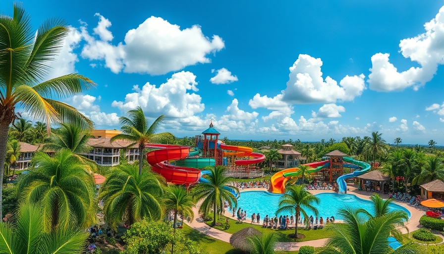 Vibrant water park at tropical resort with lush greenery.
