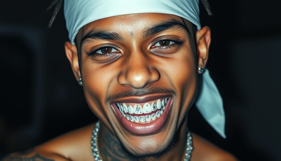 Young man with diamond grill and tattoos wearing bandana.
