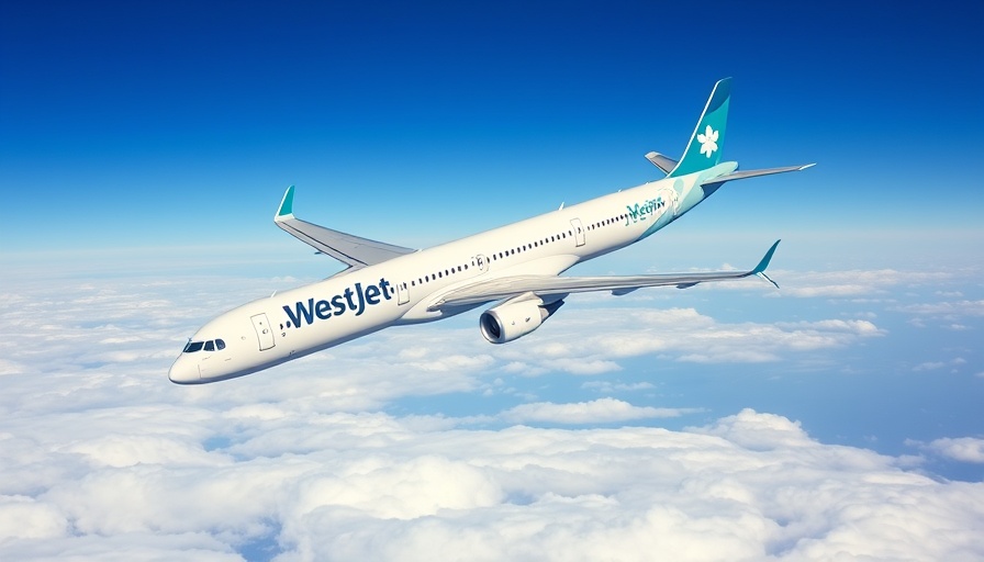 WestJet airplane in flight with logo visible against blue sky.