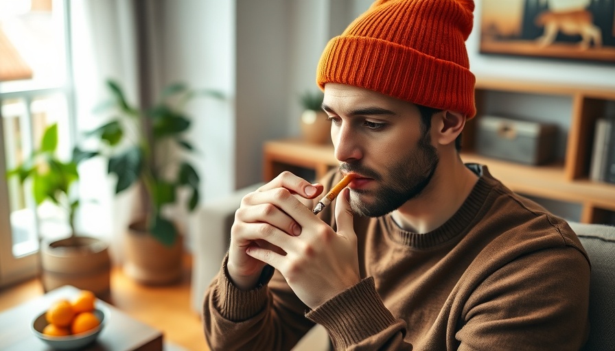 Man in orange beanie rolling cigarette, cozy room.