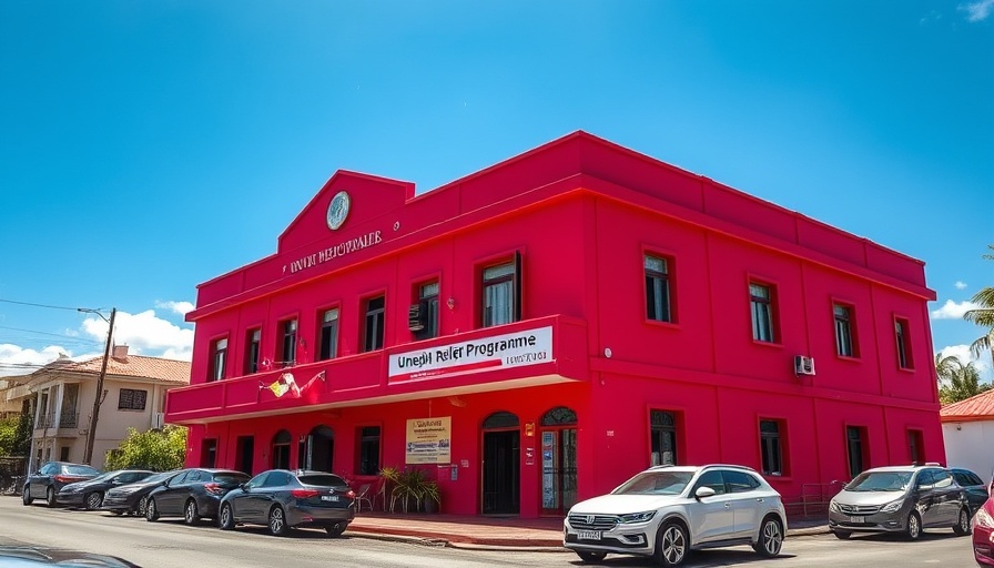 Trinidad Unemployment Relief Programme building with parked cars.